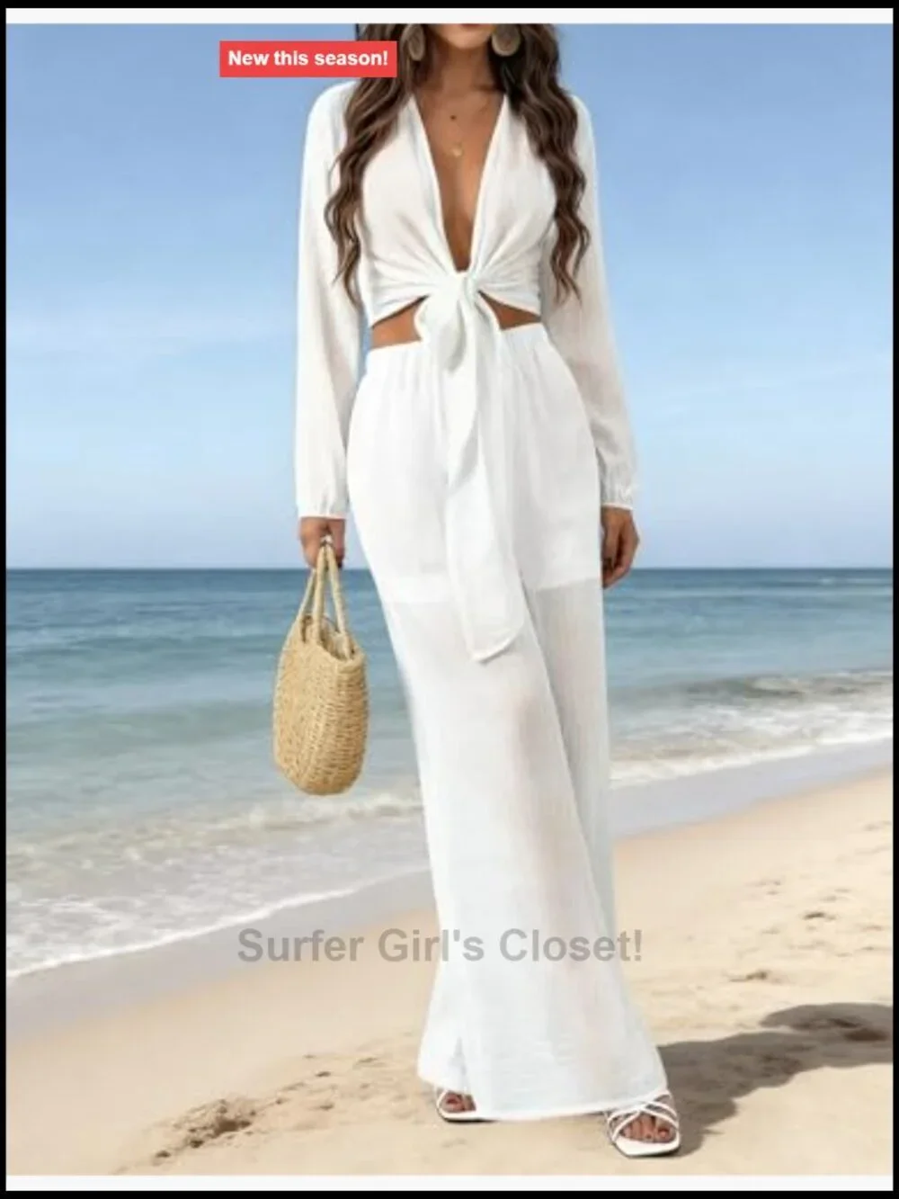 Women's 2 Piece Swim Cover Up Set Long Sleeve Tie Sheer Top Pant